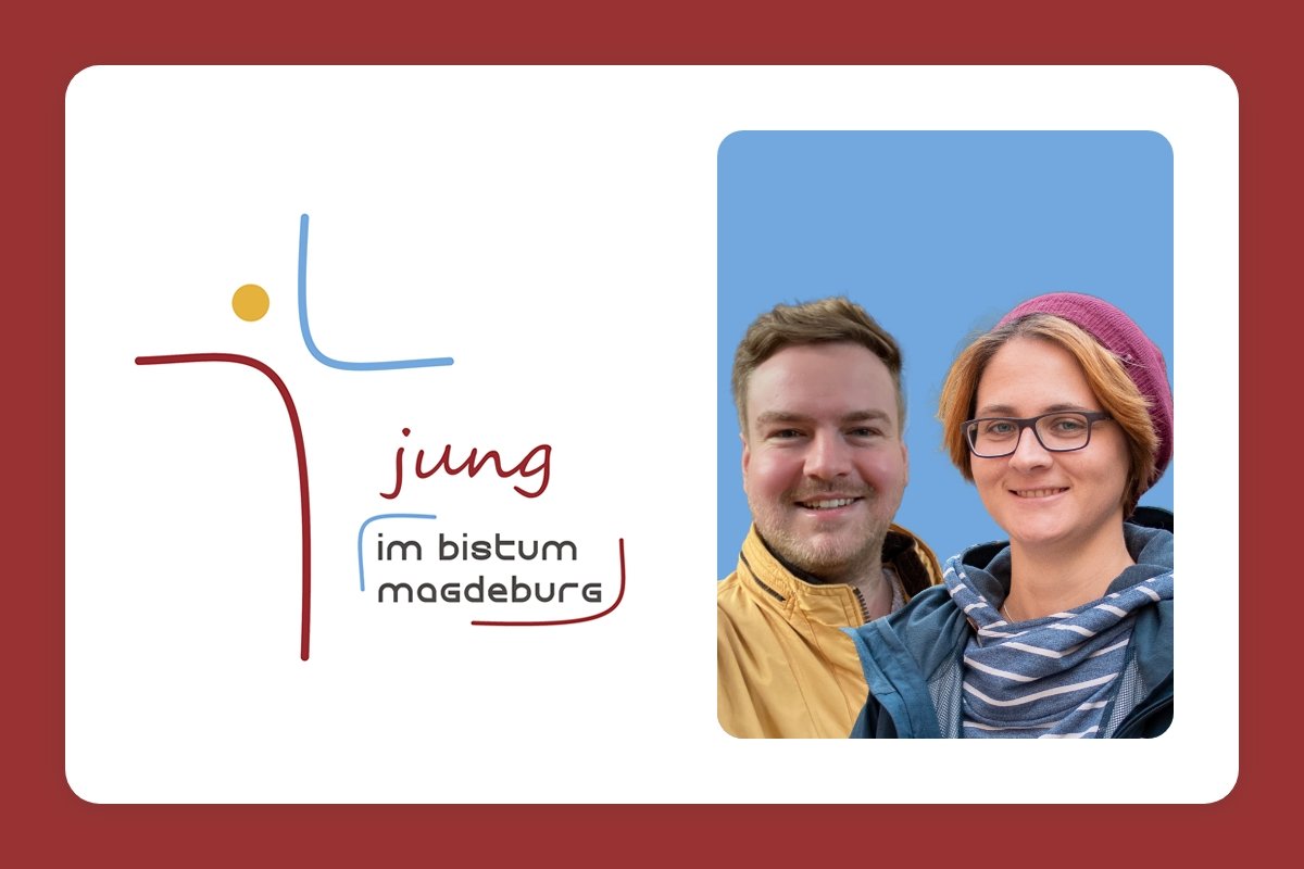 Bildcollage mit Logo Arbeitsstelle für Jugendpastoral im Bistum Magdeburg auf der linken Seite und Portraits von Daniel Richter und Julia Lehnert auf der rechten Seite